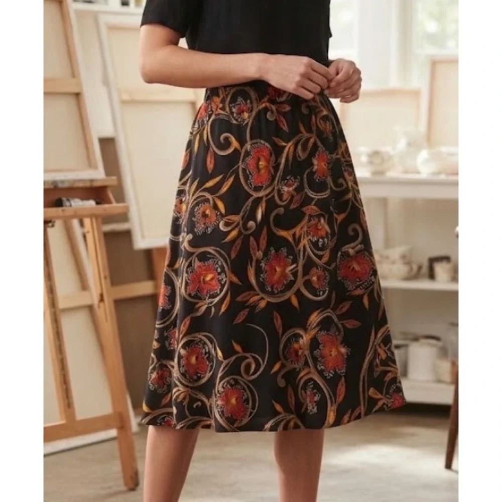 VTG Nikki Women Floral Scroll Print Midi Skirt Black Orange Elastic Waist L